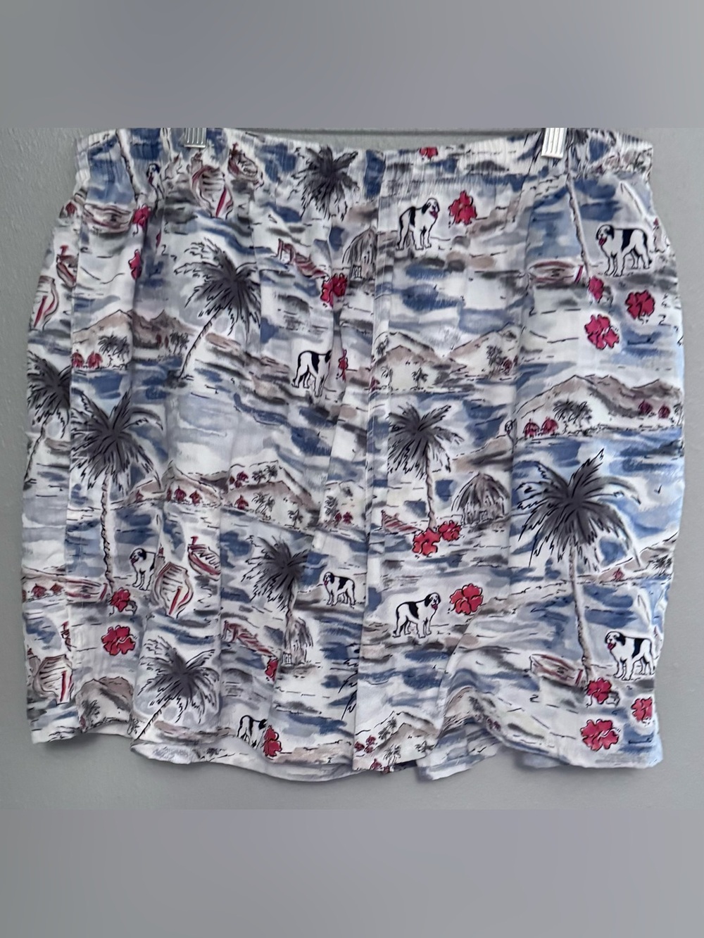 Big Dogs Men’s Blue & White Tropical Print with Red Accents Swim Trunks